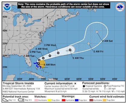 La proyección del NHC indica que Imelda girará bruscamente al este y noreste el martes, alejándose de la costa floridana pero con efectos sobre las islas Bermudas el miércoles