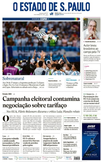 La publicación brasileña O Estado De Sao Paulo eligió un focal con la foto de Messi en los festejos bajo el título "Sobrenatural"