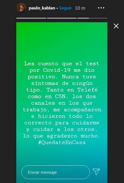 La publicación con la que Paulo Kablan confirmó que su prueba de Covid-19 dio positiva
