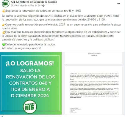 La publicación de ATE Salud luego de la renovación de los contratos