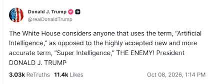 La publicación de Donald Trump donde comina a usar el término "superinteligencia" en vez de inteligencia artificial