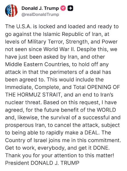 La publicación de Donald Trump en Truth Social anunciando la suspensión de ataques contra Irán