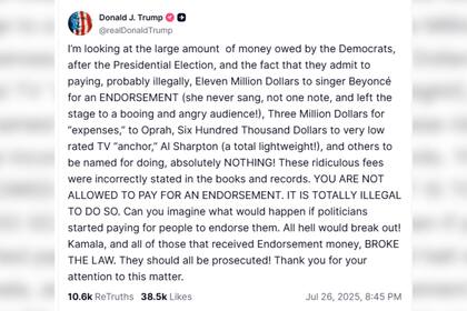 La publicación de Donald Trump sobre las presuntas acciones ilícitas de la demócrata y las celebridades