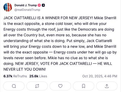 La publicación de Donald Trump sobre las elecciones de Nueva Jersey