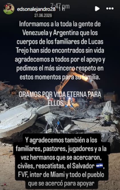 La publicación de Edson Tortolero que confirmó que los familiares de Lucas Trejo fueron encontrados sin vida