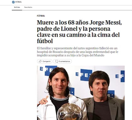 La publicación de El Mundo por la muerte de Jorge Messi (Foto: Captura)