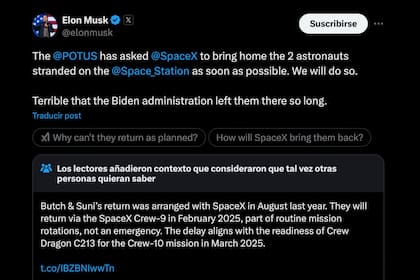La publicación de Elon Musk en la que da respuesta al pedido de Trump para traer a los astronautas a la Tierra