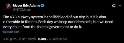 La publicación de Eric Adams contra el gobierno de Trump