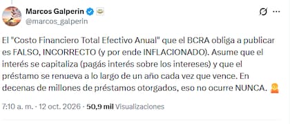 La publicación de Galperín en X