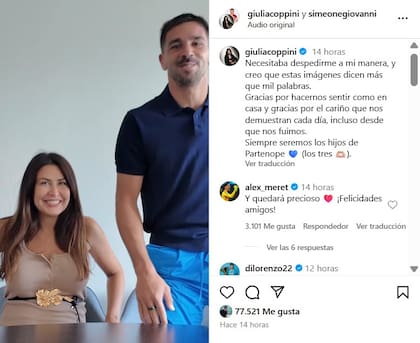 La publicación de Giovanni Simeone y Giulia Coppini donde anunciaron la llegada de su primer hijo