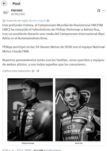 La publicación de la cuenta del Campeonato Mundial de Resistencia FIM