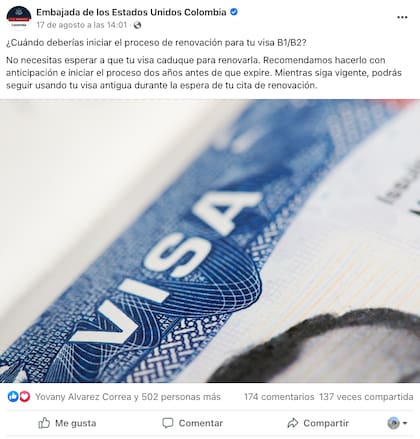 La publicación de la Embajada de Estados Unidos en Colombia