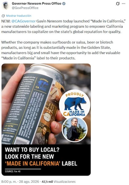 La publicación de la oficina de prensa de Newsom sobre la iniciativa "Made in California"