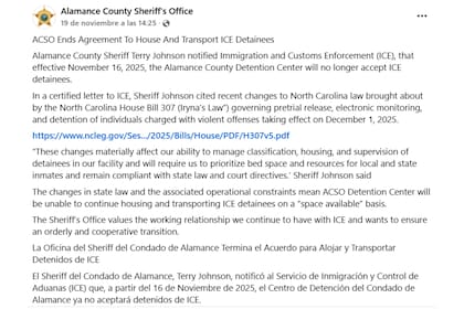 La publicación de la oficina del Sheriff de Alamance sobre el ICE
