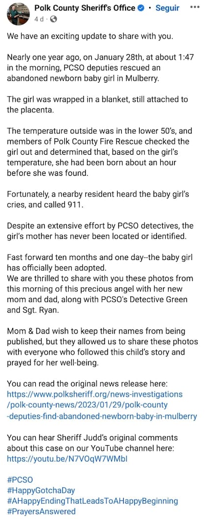 La publicación de la Oficina del Sheriff del condado de Polk por medio de la cual se informó acerca de la adopción de la pequeña encontrada en una zona boscosa en Florida Central