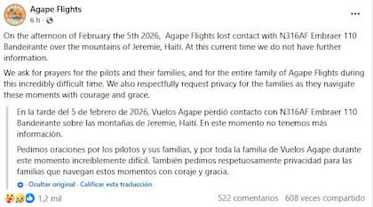 La publicación de la organización Agape Flights sobre la pérdida de la comunicación con el avión