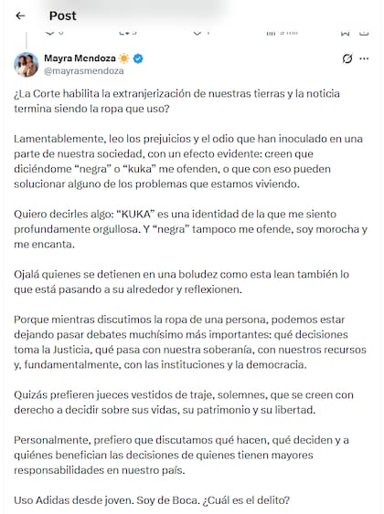 La publicación de Mayra Mendoza en X