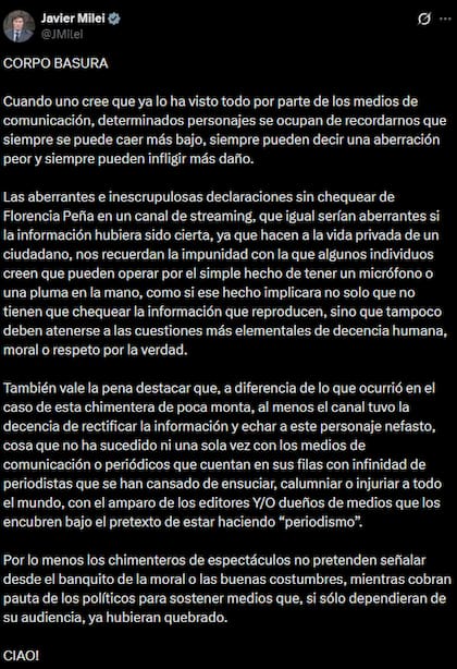 La publicación de Milei contra Florencia Peña