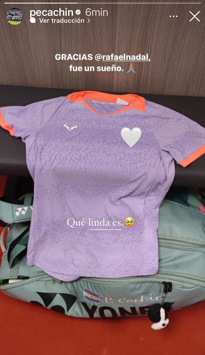 La publicación de Pedro Cachin en Instagram mostrando la camiseta que le obsequió Rafael Nadal