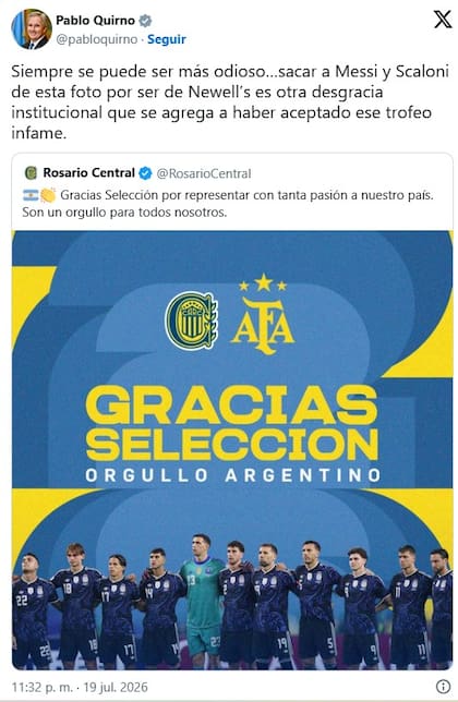 La publicación de Rosario Central junto a la respuesta de Quirno