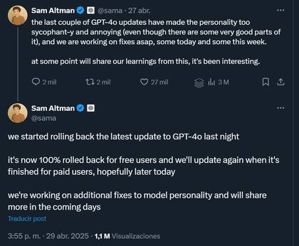 La publicación de Sam Altman, donde el CEO de OpenAI dice que anularon una actualización de GPT-4o porque era demasiado aduladora
