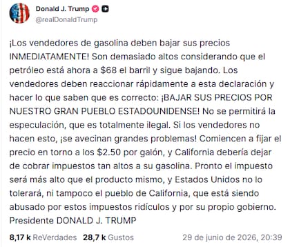 La publicación de Trump donde pide que bajen los precios de la gasolina