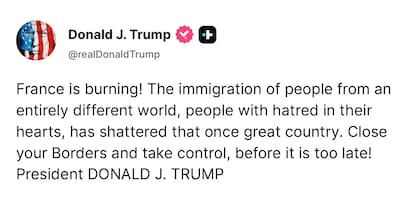 La publicación de Trump sobre el caos en Francia