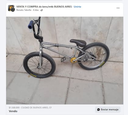 La publicación de venta de la bicicleta BMX de Renato Iván Tabella