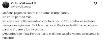 La publicación de Victoria Villaruel en la previa del partido entre la selección argentina e Inglaterra