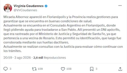 La publicación de Virginia Coudannes, celebrando la aparición con vida de Micaela Albornoz