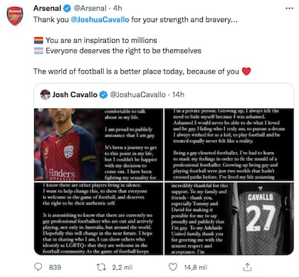 La publicación del Arsenal referida al conmovedor anuncio del futbolista australiano Joshua Cavallo