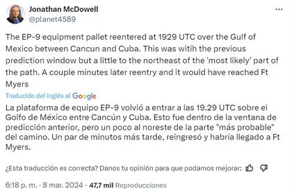 La publicación del astrofísico del Centro Harvard-Smithsonian de Astrofísica, Jonathan McDowell, sobre el reingreso de la plataforma a la atmósfera