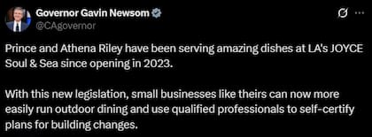 La publicación del gobernador Gavin Newsom