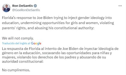 La publicación del gobernador Ron DeSantis