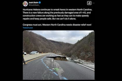 La publicación del gobernador sobre el estado de la carretera I-40 tras el paso del huracán Helene (X:@JoshStein_)