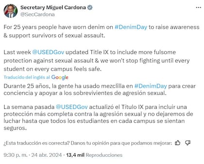 La publicacion del secretario de Educación, Miguel Cardona