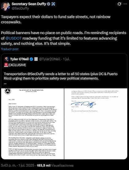 La publicación del secretario Sean Duffy