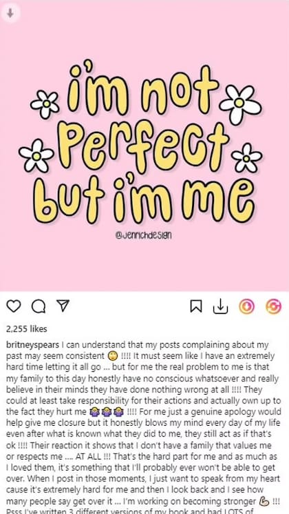 La publicación donde Britney Spears pide una "disculpa genuina" por parte de su familia