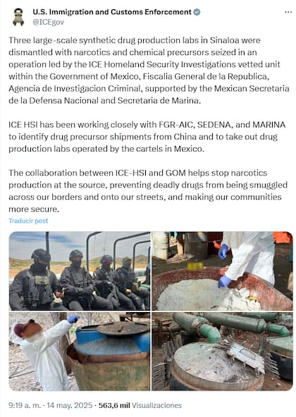 La publicación donde ICE informó sobre el presunto desmantelamiento de narcolaboratorios en Sinaloa