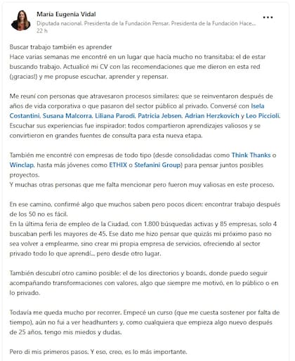 La publicación en LinkedIn de María Eugenia Vidal