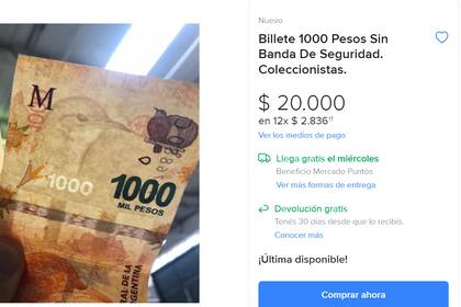 La publicación en Mercado Libre de los billetes de 1000 pesos