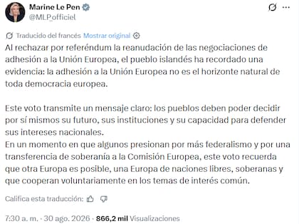 La publicación en X de Marine Le Pen celebrando el "no" de los islandeses