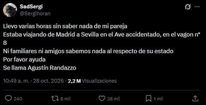 La publicación inicial con la que Sergi confirmó el desconocimiento del paradero de Agustín Randazzo