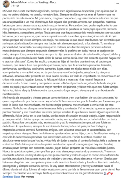 La publicación que la pareja de Santiago Duca publicó en su cuenta de Facebook