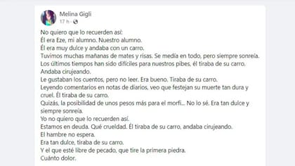 La publicación que realizó Melina Gigli, la exprofesora del joven de 21 años que murió tras intentar robar cables en Rosario