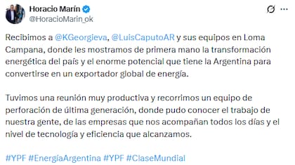 La publicación realizada por Horacio Marín tras la visita de Georgieva a Loma Campana