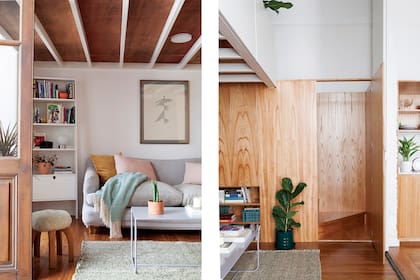 La puerta camuflada muestra el acceso al baño, el vestidor y la escalera que lleva al cuarto principal.