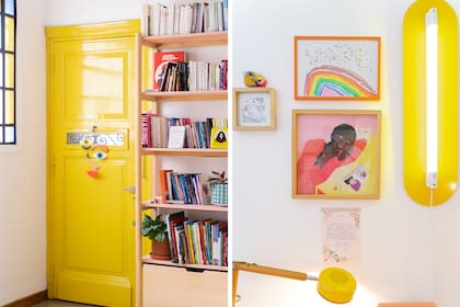 La puerta de ingreso a la casa le da marco al espacio de trabajo y lo emparenta a través del uso del color, se pintó en sintético amarillo brillante y combina con las lámparas, de escritorio y pared, tanto como con ciertos adornos que están ubicados estratégicamente.