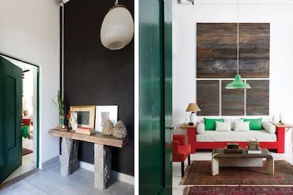 La puerta en un austero verde inglés forma parte del efecto con su rojo complementario en la estructura del sofá, que emula el que tenía el decorador Jean-Michel Frank en su estudio parisino