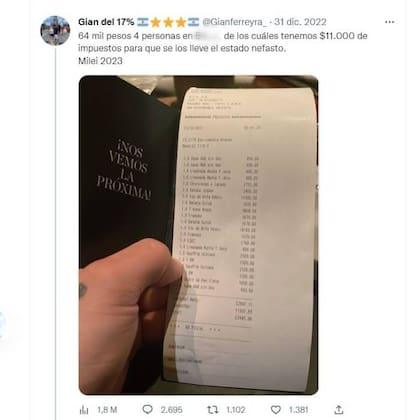 La queja del joven tuitero por los $11.000 impuestos que debió pagar en una cena para cuatro, cuyo monto total fue de $64.000